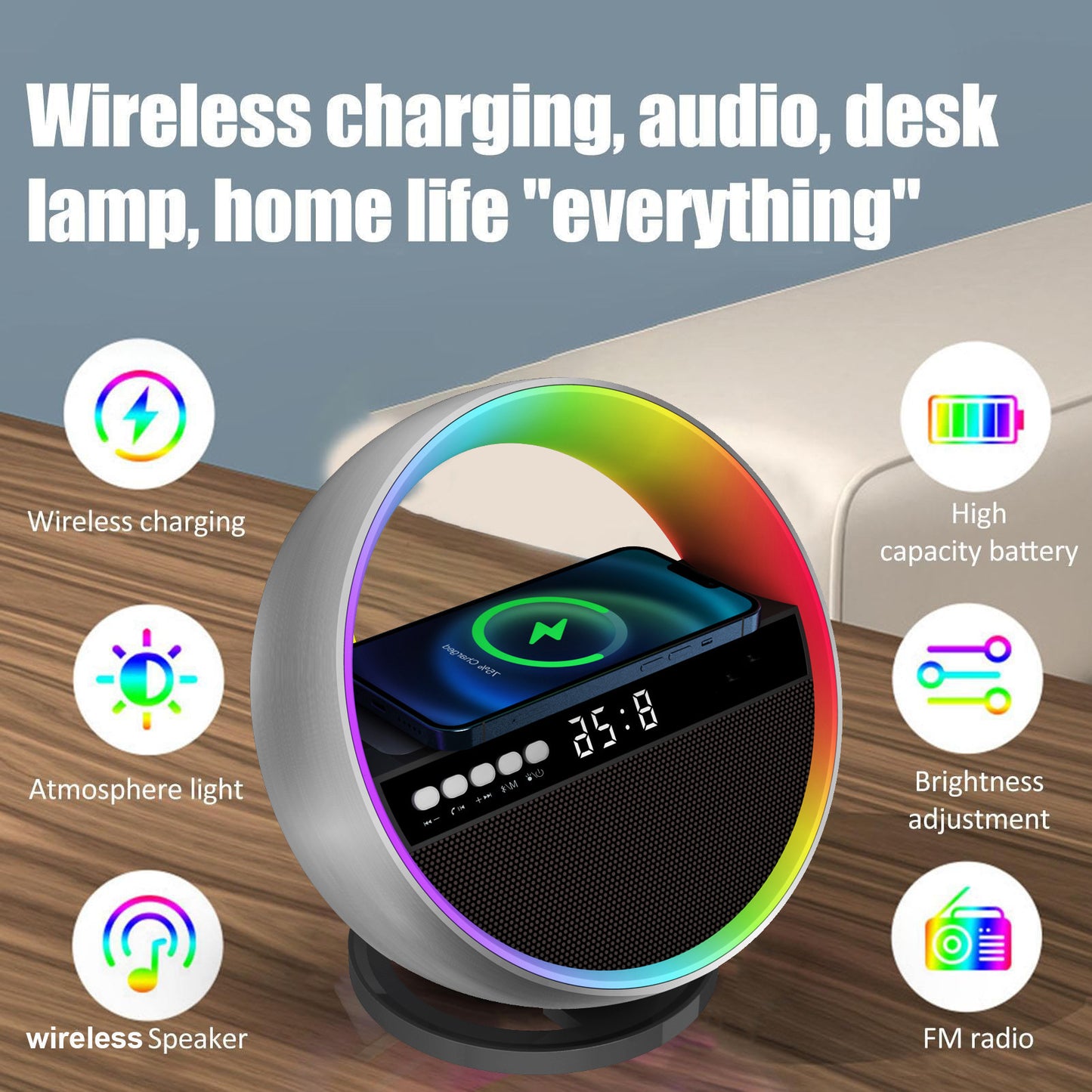 Nueva luz nocturna RGB multifunción, cargador inalámbrico, altavoz compatible con Bluetooth, luz ambiental grande G, decoración del hogar